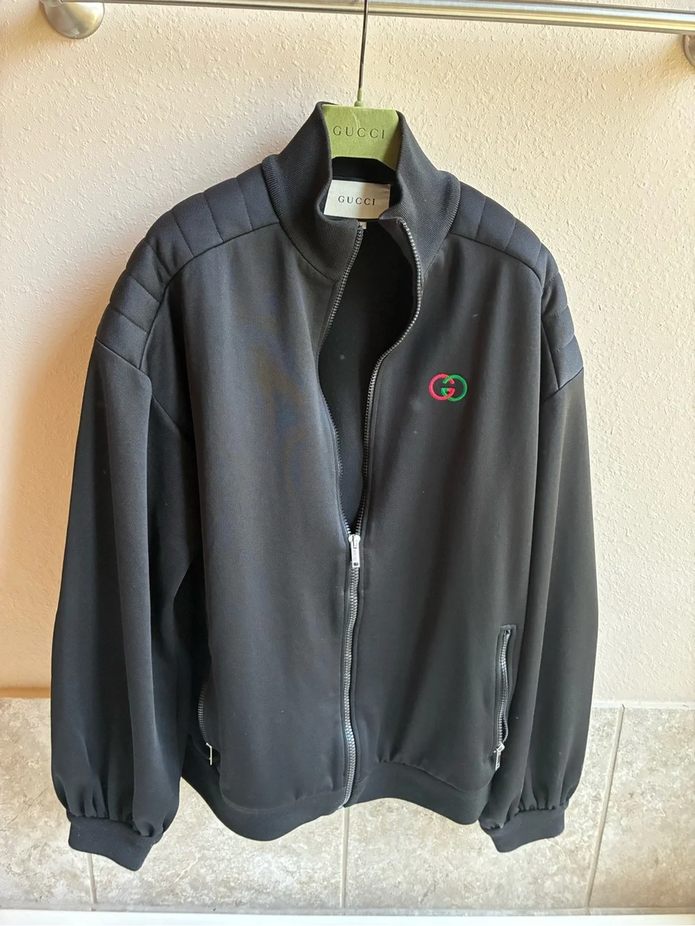 Gucci Black Zip-Front Bomber Jacket with Green & Red Interlocking GG Patch